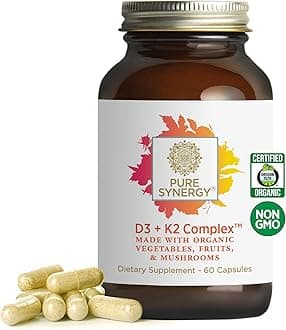 PURE SYNERGY D3 + K2 Complex | Vegan Vitamin D3 K2 Complex | Organic D3 Supplement with Vitamin K2 and K1 Plus Organic Whole Foods | Supports Bone, Brain, and Immune Health (60 Capsules)