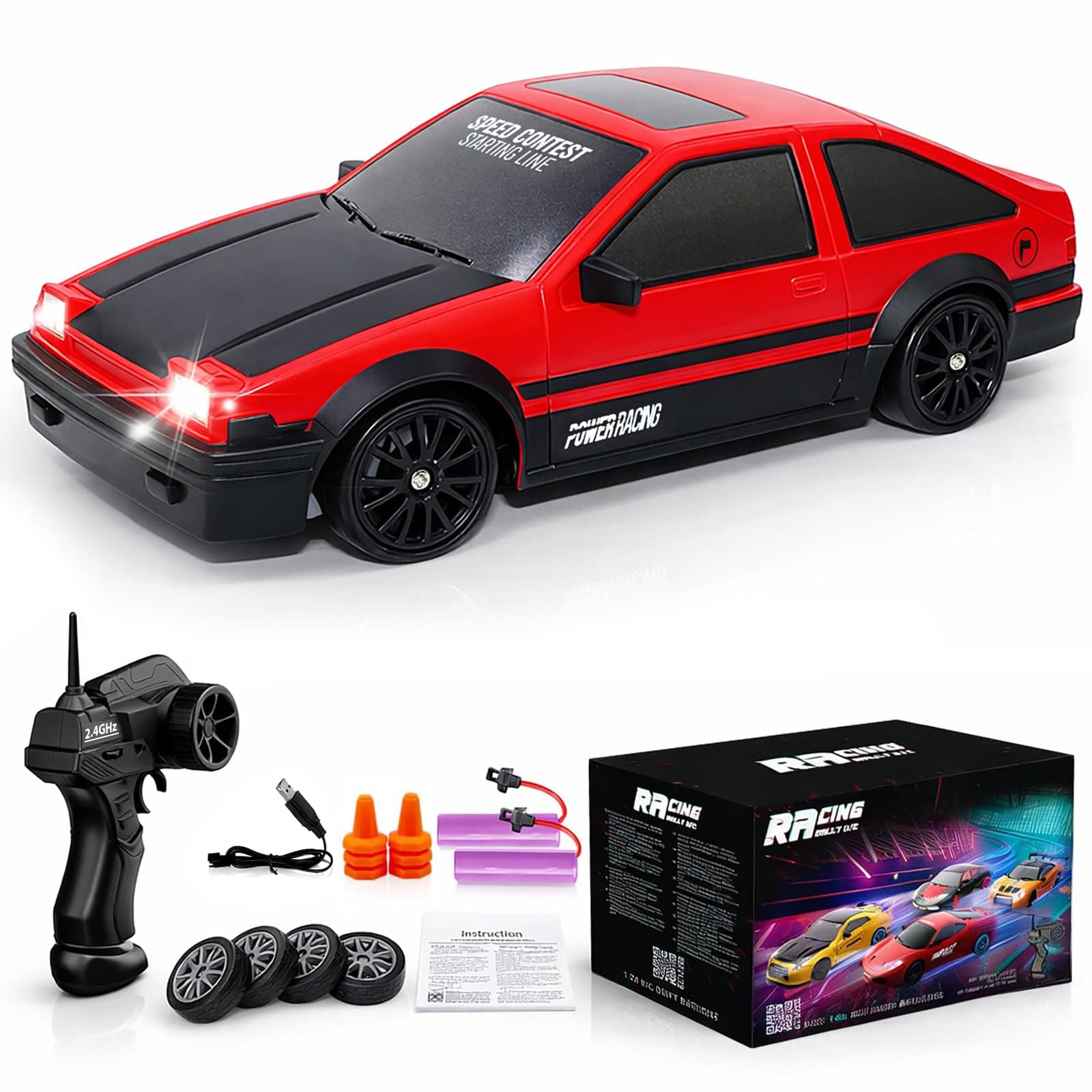 Remote Control Car RC Drift 2.4GHz 1:24 Scale 4WD 15KM/H High Speed Model Vehicle with LED Lights Drifting Tire Racing Sport Toy for Adults Boys Girls Kids Gift 2Pcs Rechargeable Batteries