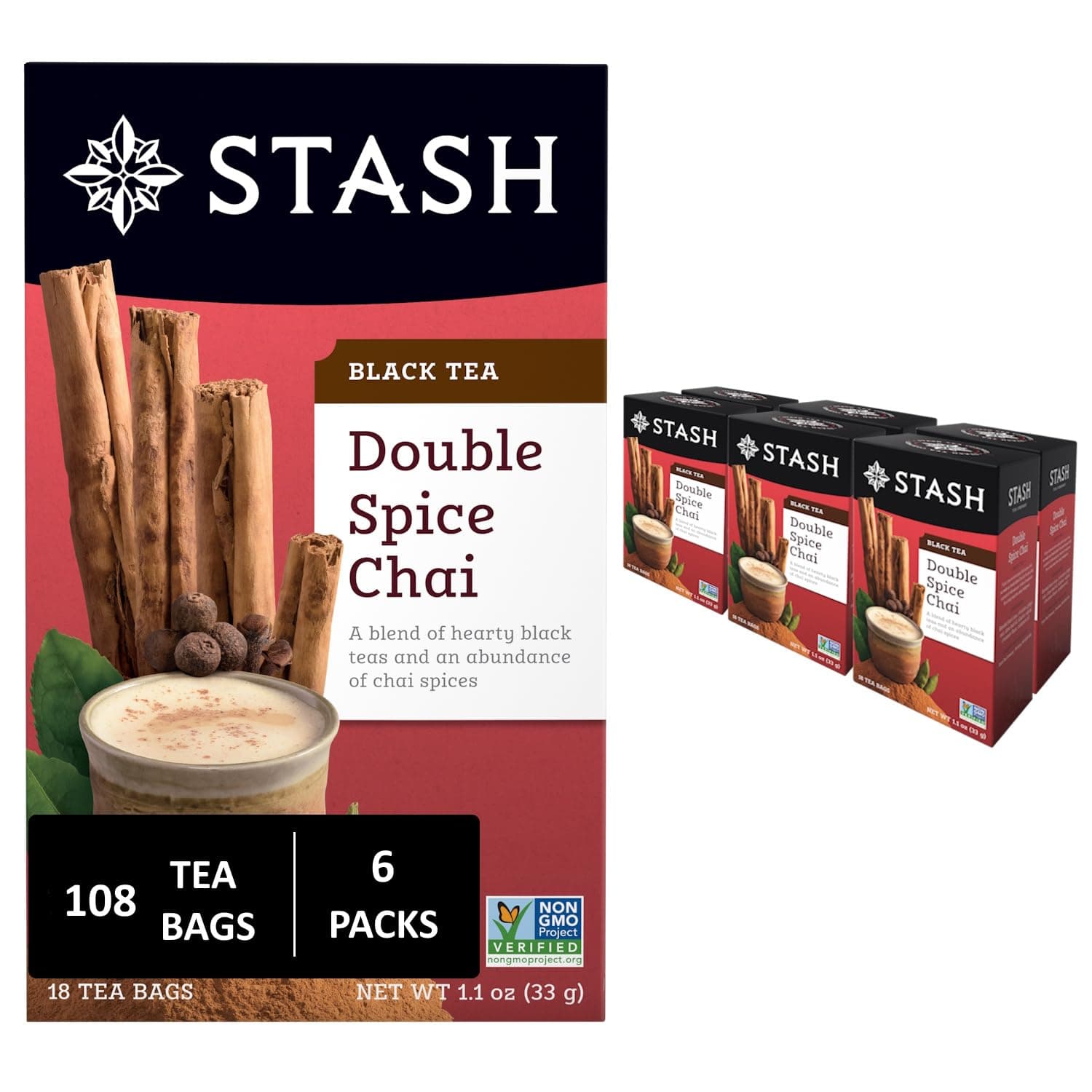 Stash Tea Double Spice Chai Black 18 Count Box (Pack of 6)