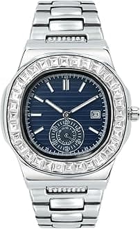 BARAMON Wrist Watches for Men, Nautilus Stainless Steel Quartz Movement Date Luxury Diamond Style Men's Luminous Hands Casual Business Watches