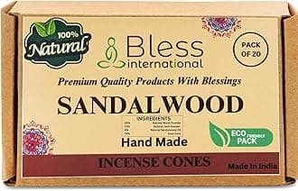 Bless International Sandalwood 100%-Natural-Incense-Cones Handmade-Hand-Dipped Organic-Chemicals-Free for-Purification-Relaxation-Positivity-Yoga-Meditation The-Best-scents (20 Count)