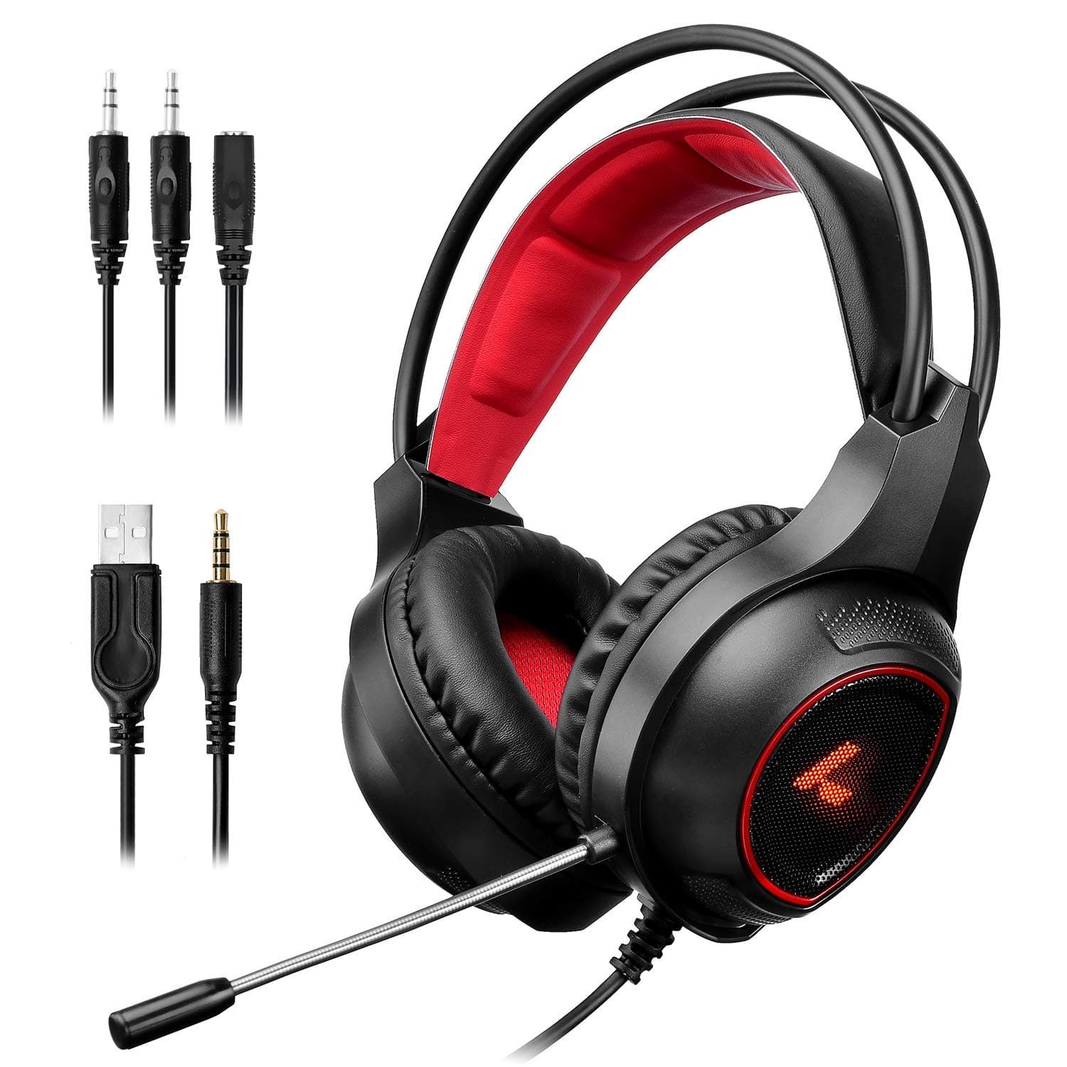 LYCANDER Gaming Headset with Microphone LED Light, 3.5mm input - for PC, PS4, Xbox One, Nintendo Switch and more (Essential - Black/Red)