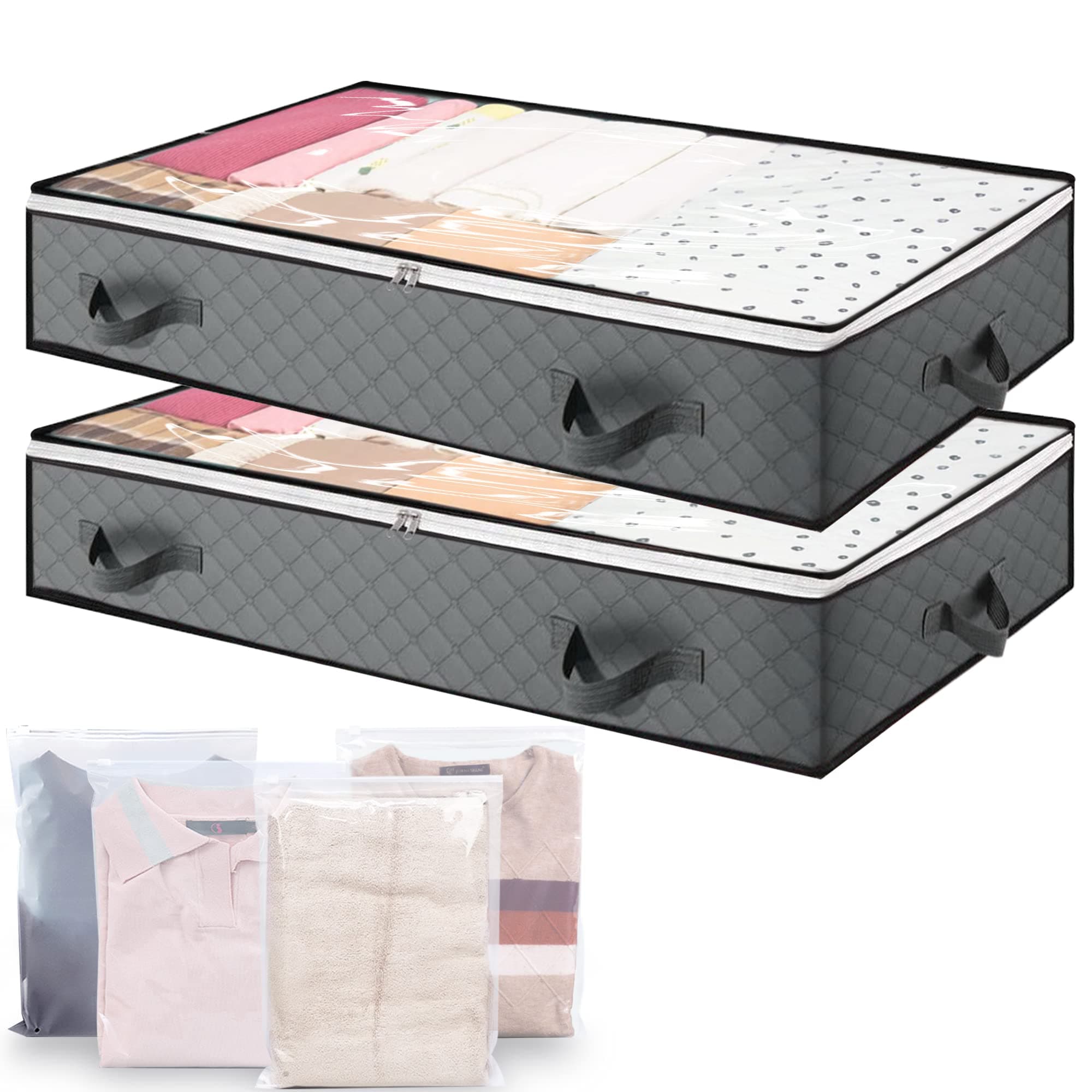 2PCS Underbed Storage Bags Foldable Large Under Bed Storage Box with 4 pcs Large Clothes Storage Bag,Under Bed Storage Bag with Reinforced Handle for Clothes Quilts Blankets Bedding