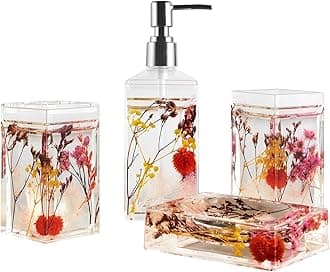 4 Piece Acrylic Liquid 4D Floating Motion Bathroom Vanity Accessory Set Garden Botanic Pink Plants Toothbrush Holder, Tumbler, Soap Dispenser, Soap Dish