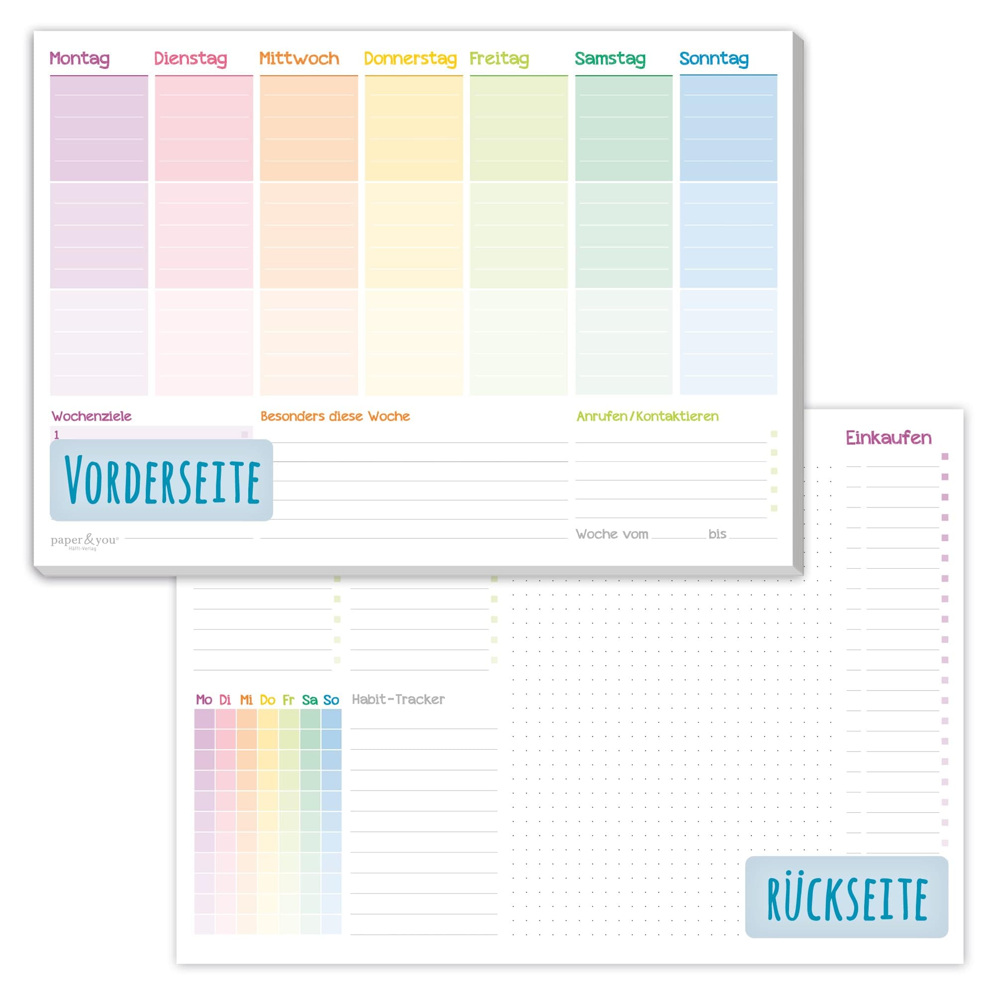 Trendstuff by Häfft Weekly Planner A4 Without Fixed Date [Rainbow] Organiser with to Do List, Shopping List, Large Note Field and Much More Climate Neutral & Sustainable