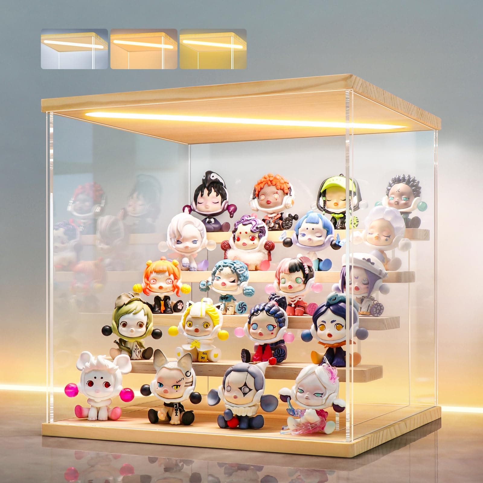 Clear Acrylic Display Case with Light, Assemble 5 Tier Display Box Stand with Wooden Base, Dustproof Protection Showcase for Collectibles Memorabilia Figurines (11.8x11x11.8inch; 30x28x30cm)