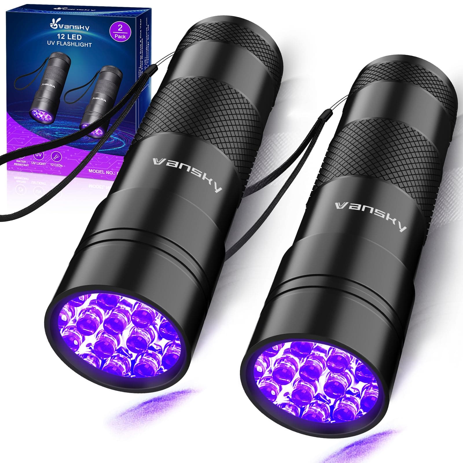 Black Light UV Light Flashlight: 395nm 12 LED 2 Pack Ultraviolet Blacklight Flashlight Mini Powerful Pet Urine Detector for Dog/Cat, Carpet Dry Stains Detection, Spot Scorpions, Resin Curing