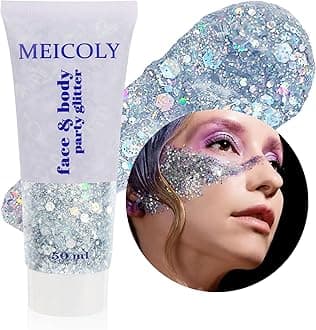 MEICOLY Silver Body Glitter,Chunky Silver Face Hair Mardi Gras Glitter,Halloween Silver Glitter Makeup,Sparkle Face Paint for Women and Kids,Music Festival Party Outfits for Women Accessories