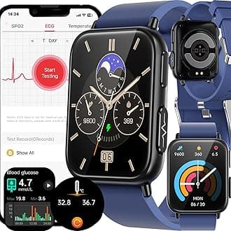 TK10 Blood Glucose Smart Watch for Diabetic, ECG+PPG Fitness Tracker with 24/7 Heart Rate Blood Pressure Oxygen Temperature Monitoring, 9 Sports Modes, Smartwatch for Men & Women,Blue