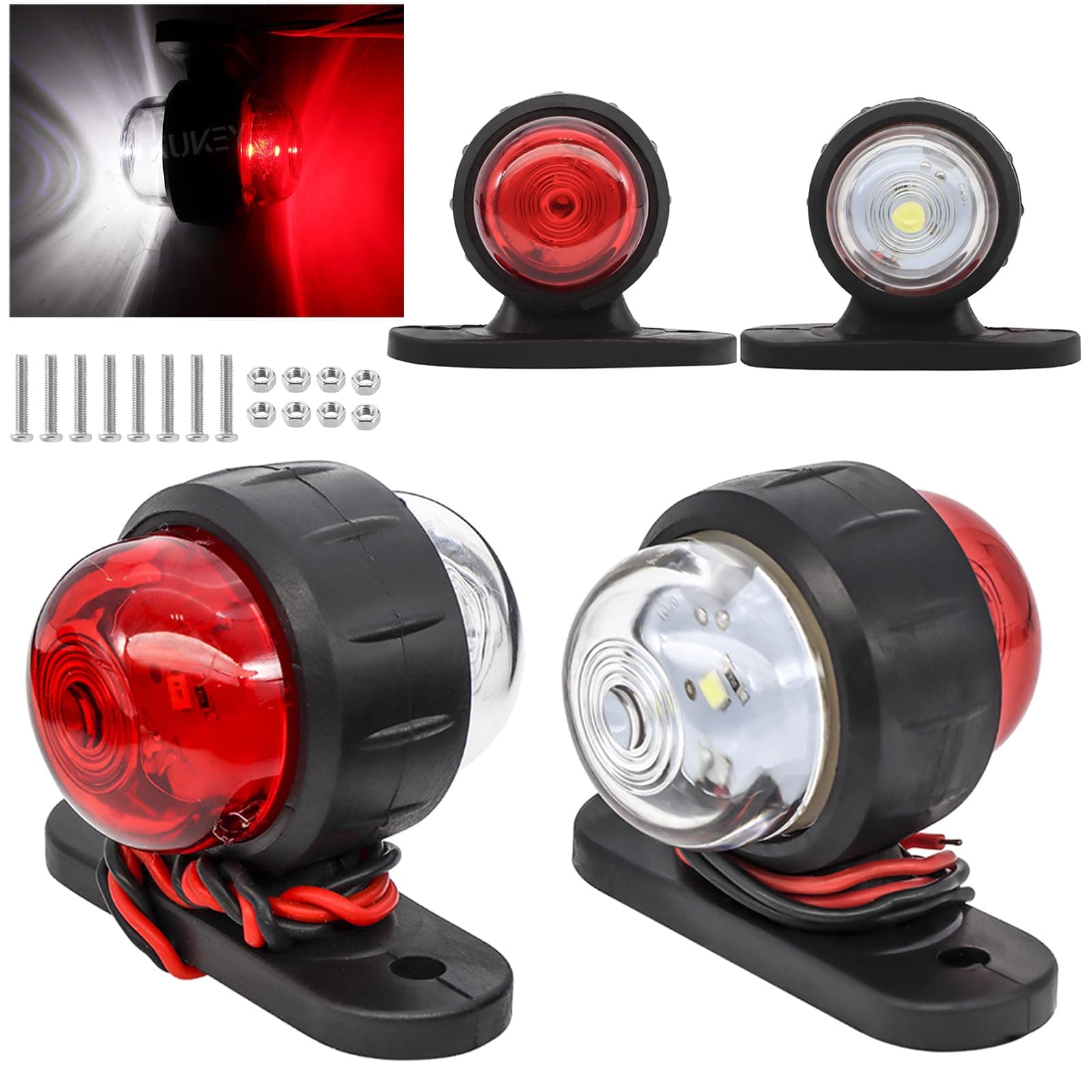 4pcs 12-24V Waterproof LED Side Marker Lights Double Side Warning White & Red Lights for Trailer Truck Truck RV Caravan