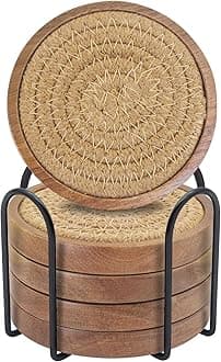 Eykao Coasters for Drinks Absorbent Sets of 5, Woven Coasters with Holder, Housewarming Gift for Farmhouse Home Decor, 4 inches