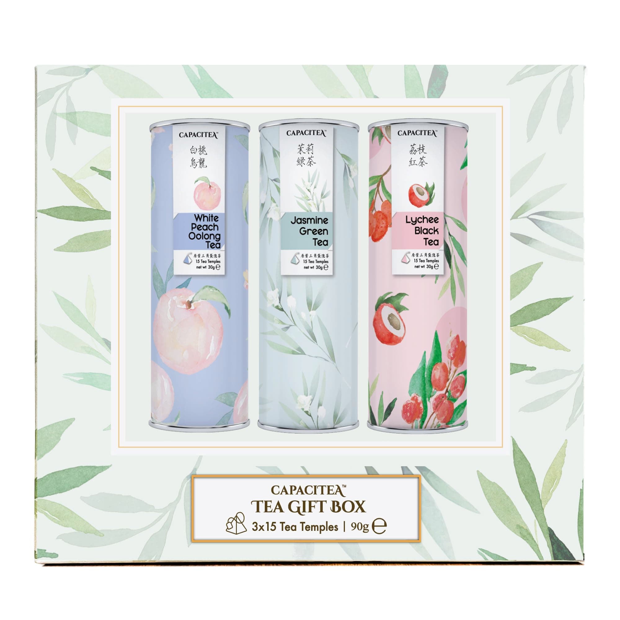CAPACITEA Hot & Cold Brew Tea Selection Box Lychee Black Tea, Jasmine Green Tea, White Peach Oolong Tea