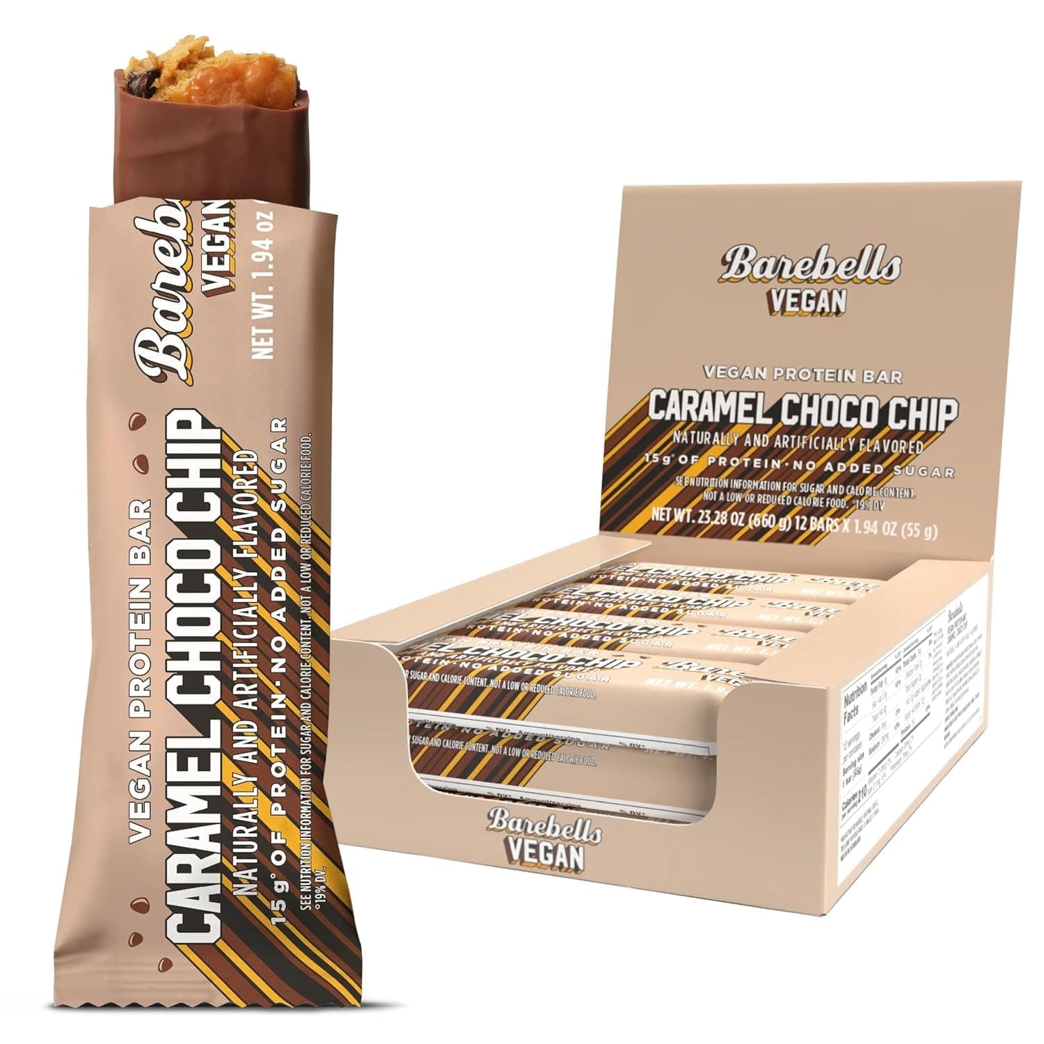 Barebells Vegan Protein Bars Caramel Choco Chip, Plant Based with High Protein - Chocolate Protein Bars - Perfect on The Go Protein Snack & Breakfast Bars 12 Count (Pack of 1)