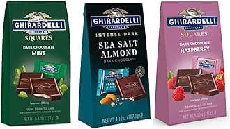 Dark Chocolate Squares 3 Flavor Variety Bundle, 1 each: Mint, Sea Salt Soiree, and Raspberry, (4.12-5.32 Ounces)