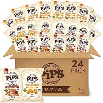 - Pip’s Heirloom Puffed Snacks Variety Pack – 1 oz Bags (24 pk) – Individually Wrapped Snack Packs with Cheddar Cheese Balls & Cinnamon Sugar Twists – Made With Avocado Oil – Better For You Snacks, Seed Oil Free, Gluten Free, Non-GMO, Heirloom Corn