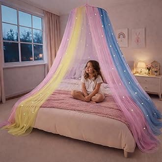 Bollepo Bed Canopy for Girls with Glowing Stars - Canopy Bed Curtains | Fits Single, Twin, Full, Queen Size Kids - Princess Bed Canopy | Rainbow Bedroom Accessories, Netting Room Decor, Ceiling Tent