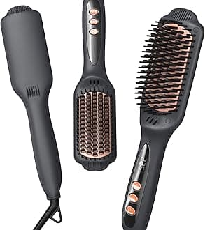 LANDOT Hair Straightener Brush for Frizz-Free & Smooth Results – Ionic Ceramic Straightening Brush with 12 Temp Settings(250-450°F),Idea for Medium Length Hair,Dual Voltage & Fast Heating for Home Use
