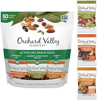 Orchard Valley Harvest Active Snack Pack Mix, 1oz Bags (Variety Pack of 30), Antioxidant Mix, Cranberry Almond Cashew, Omega-3 Trail Mix, Healthy Snacks for Adults and Kids, Gluten Free