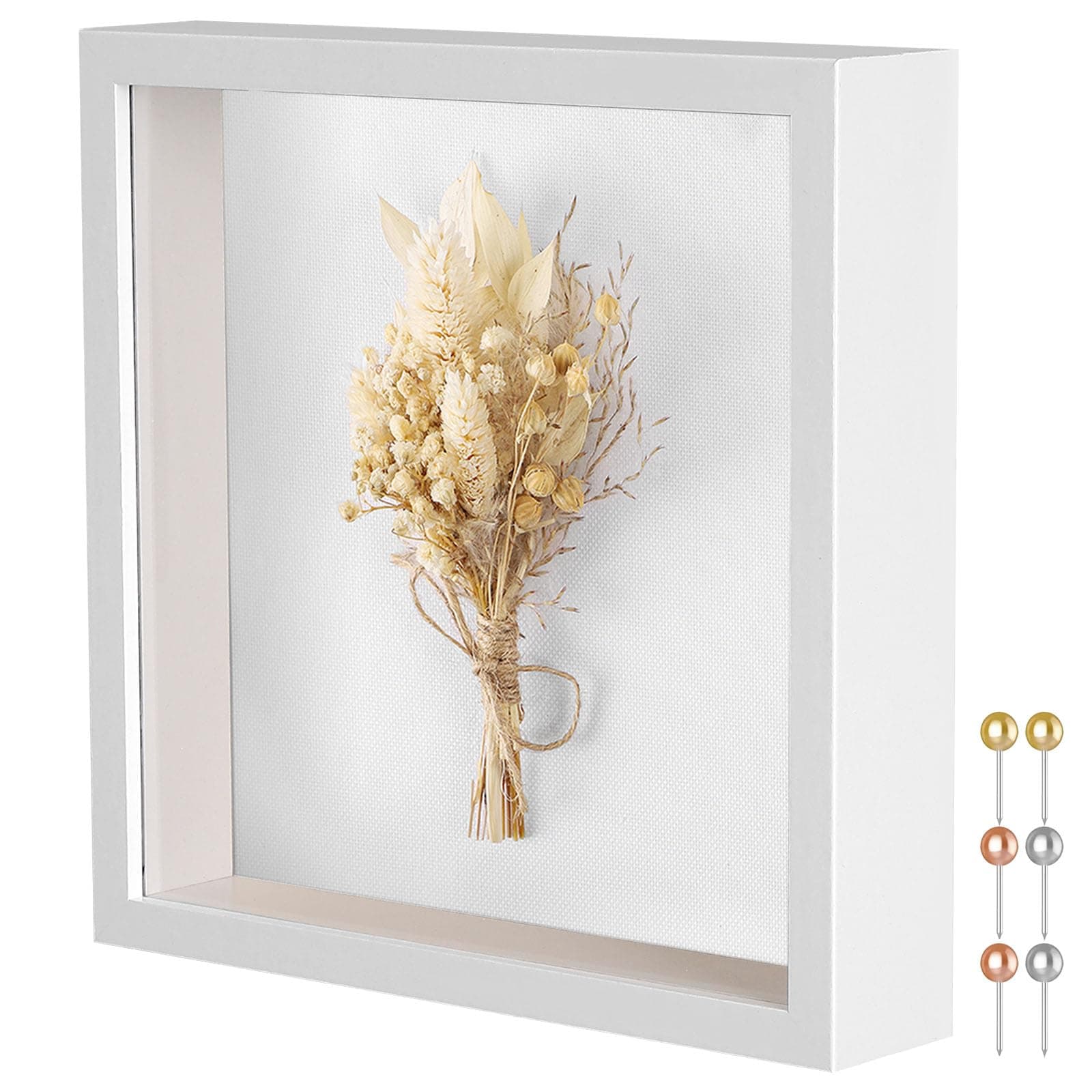 Califortree 8x8 Shadow Box Frame with Soft Linen Back - Metal Push Pins Included, Memory Box Display Case for Memorabilia Flower Awards Medals Wedding Photos, White