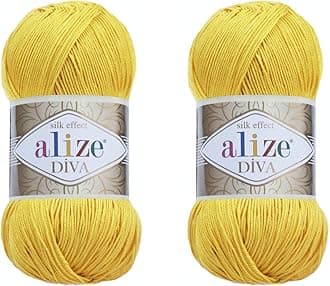 Diva Hand Knitting Yarn - 100% Microfiber Acrylic With Silk Effect - Crochet Art Lace Craft - 2 Skeins, 200gr, 767 Yds (110-Yellow)