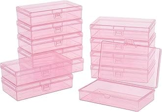 LJY 12 Pack Pink Plastic Storage Boxes with Lids 13.5 x 8 x 3 cm – Rectangular Medium Containers for Diamond Art Accessories, Beads, Crafts and Hardware, Stackable Organiser Box Set