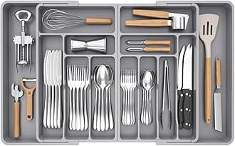 Lifewit Silverware Drawer Organizer, Expandable BPA Free Plastic Utensil Tray for Kitchen, Adjustable Flatware Cutlery Holder for Spoons Forks Knives, 21.3- 36 x 16.9", Gray