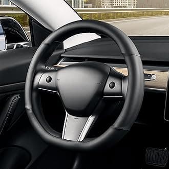 SEG Direct Flat Bottom Steering Wheel Cover, D Shaped Car Wheel Cover 37-39cm, Black Microfiber Leather