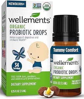 Wellements Organic Baby Probiotic Drops | Digestive & Immune Support for Infants & Toddlers | May Ease Colic, Diarrhea, Constipation & Gas | USDA Organic, Preservative Free | 0.25 Fl Oz | Newborn+
