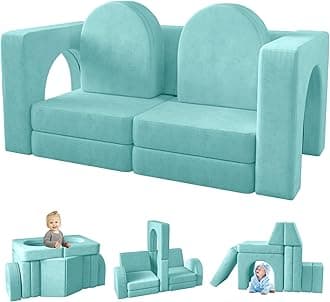 wanan Kids Couch 10PCS, Modular Kids Play Couch for Playroom Bedroom, 10 in 1 Multifunctional Kid Sofa for Playing, Creativing, Sleeping, Indoor Toddler Couches for Boys and Girls (Ice-Snow Blue)