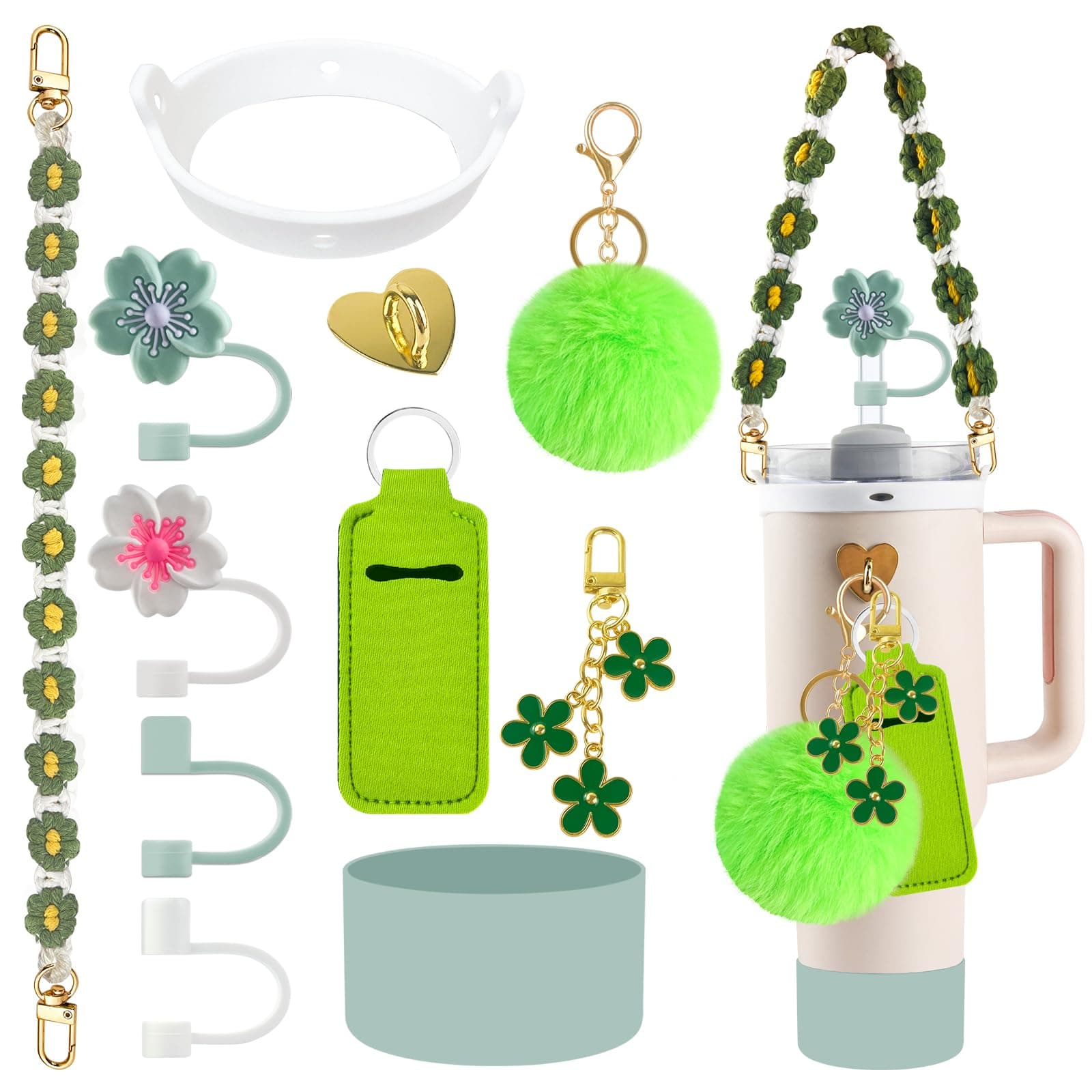 11 PCS Accessories for Stanley Cup, Water Bottle Handle Strap for Stanley 30/40 oz tumbler with handle, including Straw Toppers, Silicone Cup Boot, Keychain Charms - Green