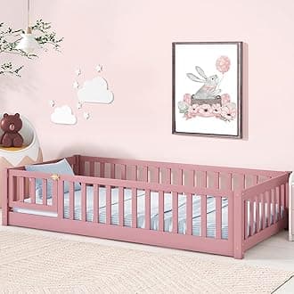 Tatub Twin Floor Bed with Rails and Door and Slats, Wood Kids Montessori Floor Bed Frame for Girls and Boys, Pink