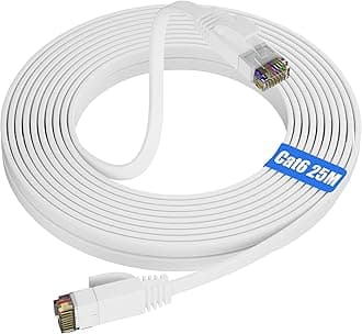Soibke Ethernet Cable 25m, Cat 6 Internet Cable High Speed, Network Cable Flat Design Long UTP LAN Indoor Gigabit White Patch RJ45 Wlan Cable for Router Modem TV, Home Office - 1000Mbit/s 250MHz