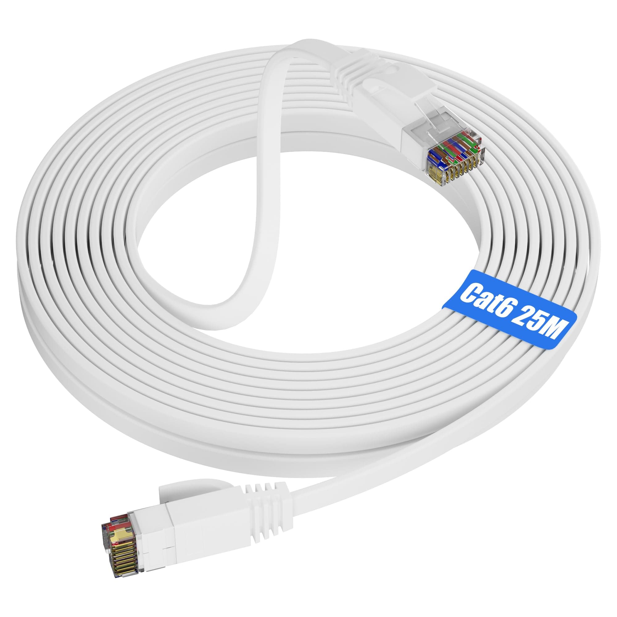 Soibke Ethernet Cable 25m, Cat 6 Internet Cable High Speed, Network Cable Flat Design Long UTP LAN Indoor Gigabit White Patch RJ45 Wlan Cable for Router Modem TV, Home Office - 1000Mbit/s 250MHz