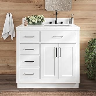 ARIEL Hepburn 36-inch Bathroom Vanity with Sink,Solid Wood, 1.5-inch Carrara White Quartz Countertop & Backsplash, Single Rectangular Porcelain Sink, 2 Soft Closing Doors, 5 Dovetail Drawers, White