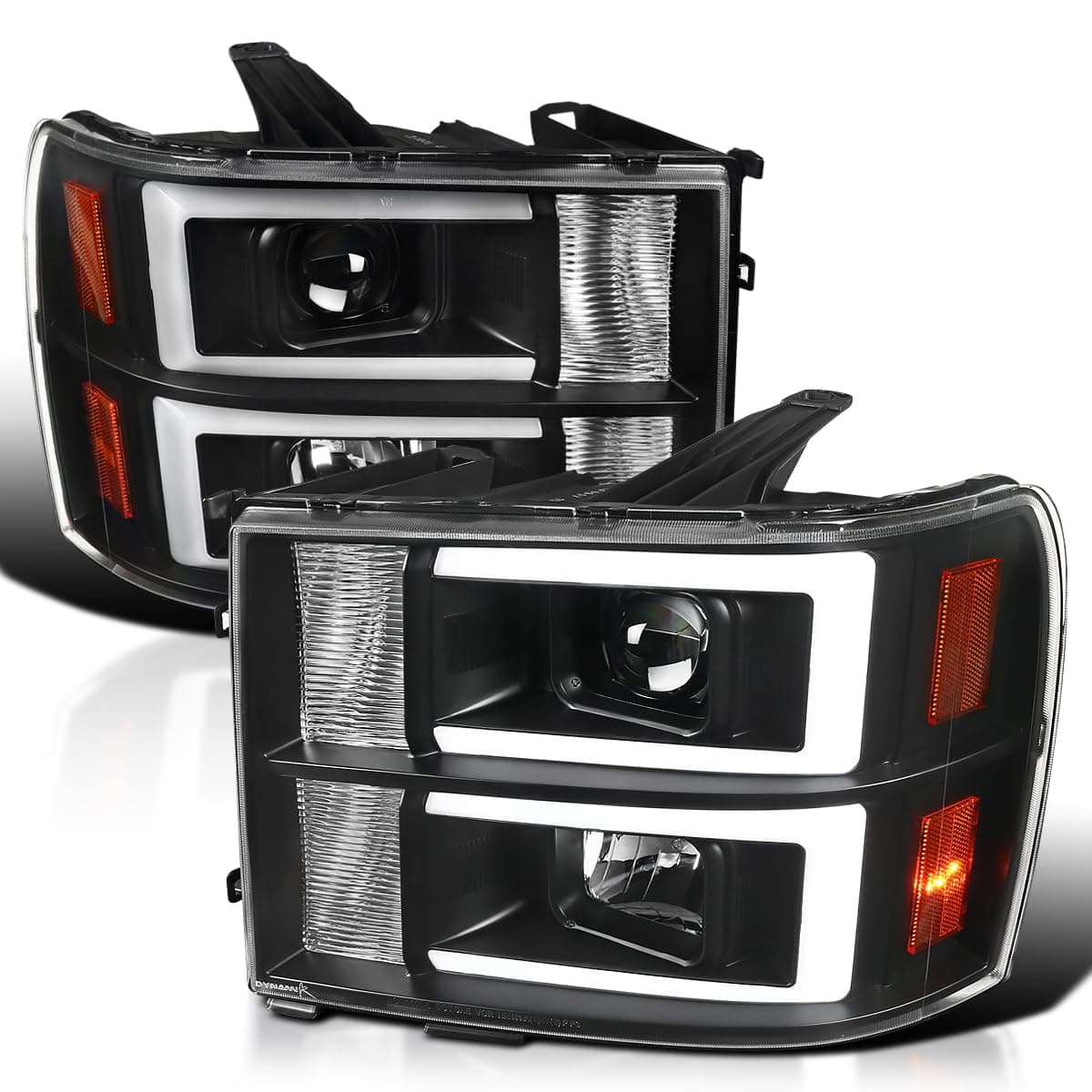 Spec-D Tuning Black LED Bar Projector Headlights Compatible with 2007-2013 GMC Sierra Models 1500 1500HD 2500HD 3500HD, Left + Right Pair Headlamps Assembly