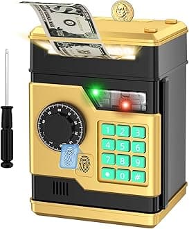 Piggy Bank, Automatic Electronic Piggy Bank for Kids Boys Girls with Password and Fingerprint Unlocking Simulation, Money Bank Kids Safe Toys for 3 4 5 6 7 8 9 10 Year Old Boy Girl (Black Gold)