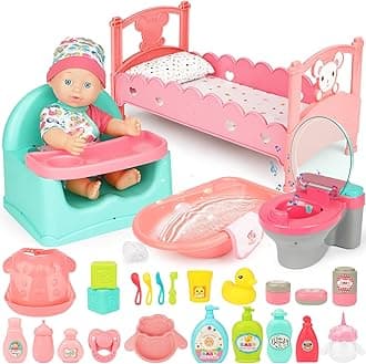 Baby Doll Play Set, 25 PCS Baby Dolls Accessories with Doll High Chair Seat High Crib Toy Toilet and Bathtub Pretend Play Toys Gift for Ages 3 4 5 6 7 8 9 Girls Kids