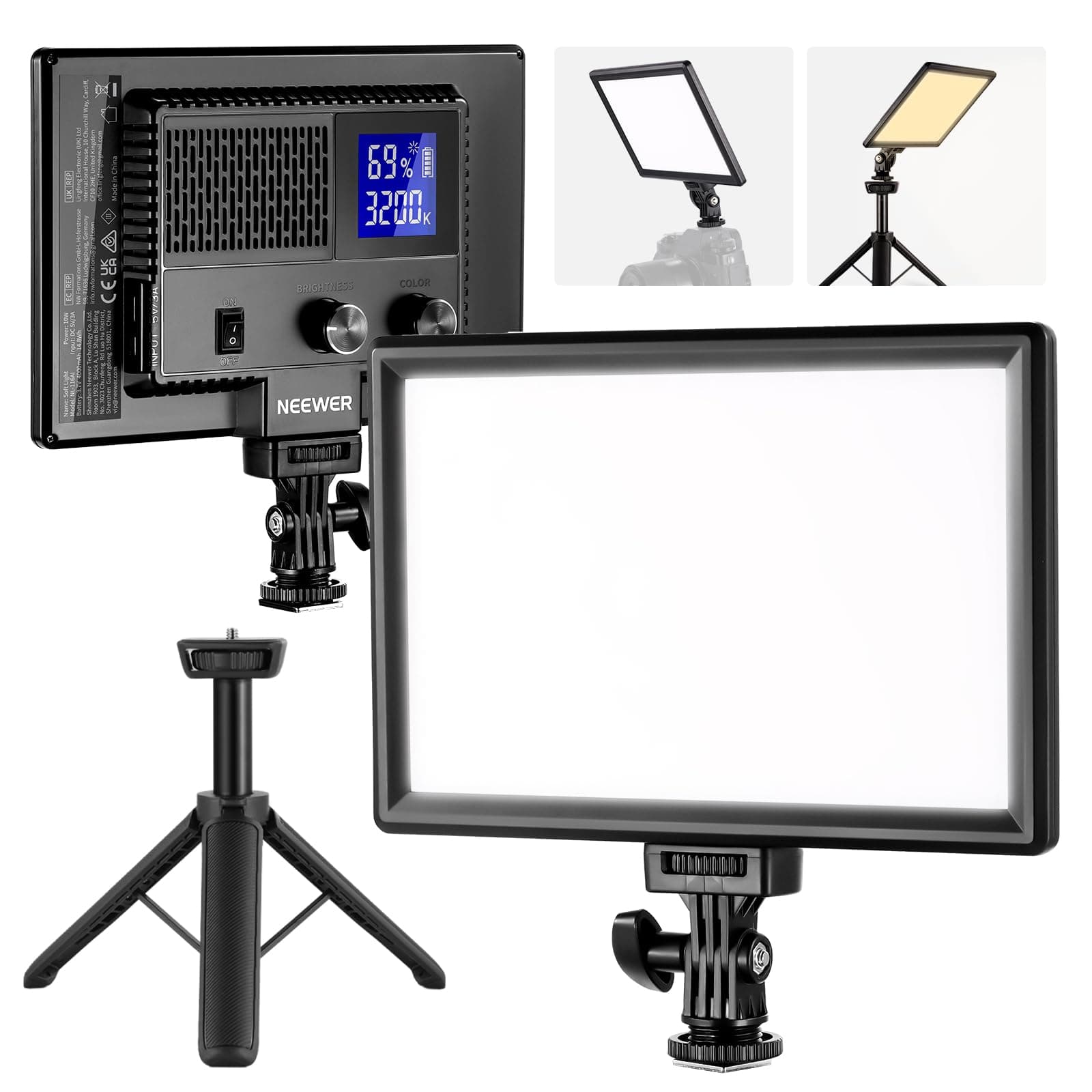 NEEWER 9" LED Video Light Panel, Dimmable DSLR Camera Soft Lighting with Mini Desk Tripod Stand, USB Type C Ports, 3200K~5600K CRI95+ for Studio Photography Video Recording Live Streaming, NL-116AI