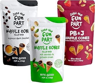 Just The Fun Part, Bite-Size Crispy Mini Waffle Cones with Premium Belgian Chocolate, Great for Snacks, Dessert, Grab & Go - Kosher (Espresso, Pistachio, PB & J Variety Pack)
