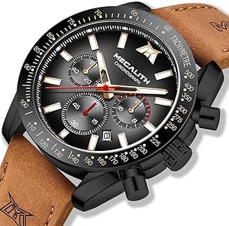 MEGALITH Mens Watches Sports Chronograph Waterproof Watches for Men Black Face Analogue Quartz Wrist Watches Designer Gents Watches Brown Leather Luminous Date