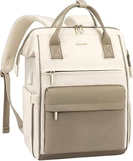 LOVEVOOKLaptop Backpack for Women, 18 Inch Work Teacher Nurse Bag, Large Capacity Business Computer Backpack Purse with USB Port, Stylish Casual Daypack for Travel,Beige&Khaki
