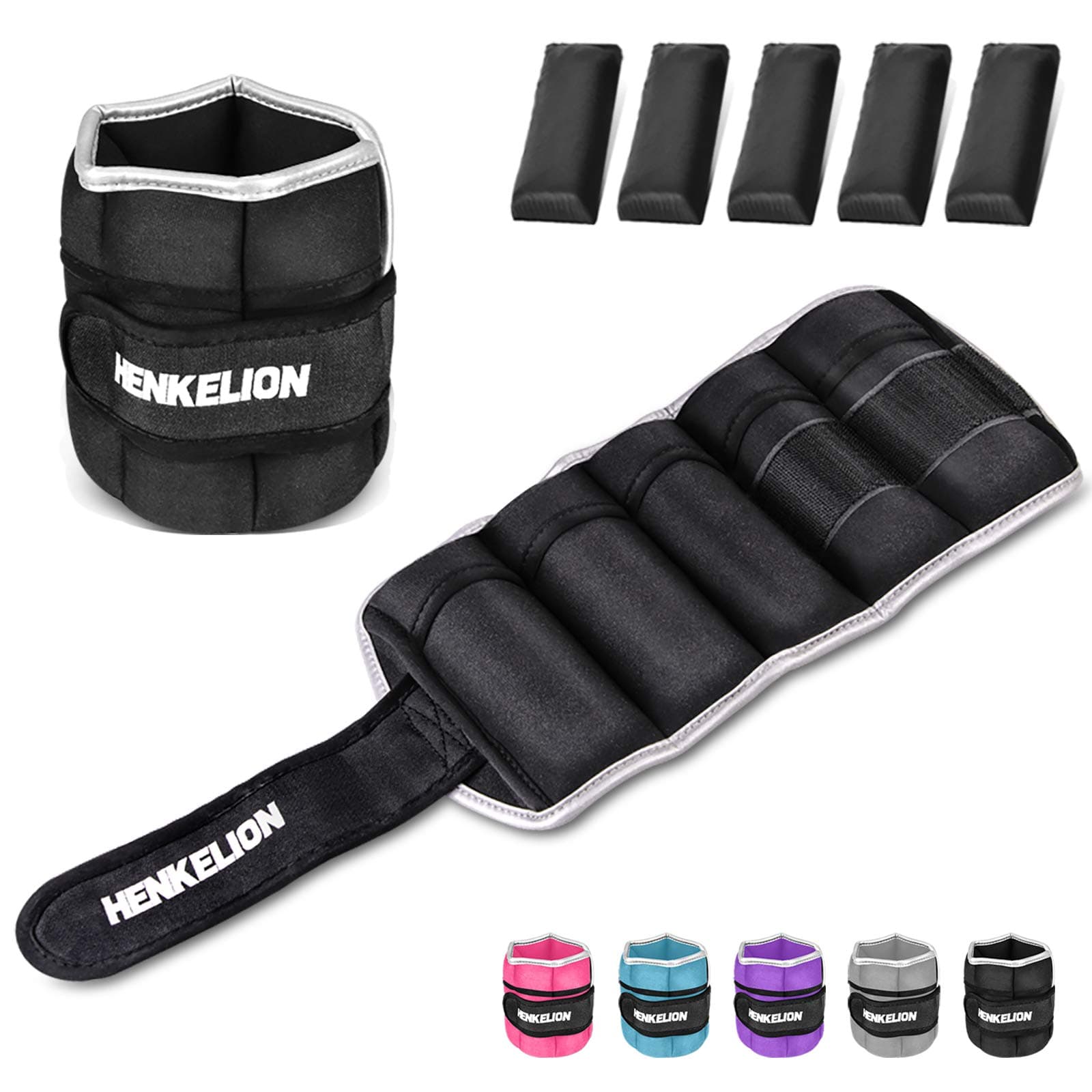Henkelion 1 Pair 2 3 5 10 Lbs Adjustable Ankle Weights for Women Men Kids, Strength Training Wrist and Ankle Weights Sets for Gym, Fitness Workout, Running, Lifting - Black Grey Pink Blue Purple