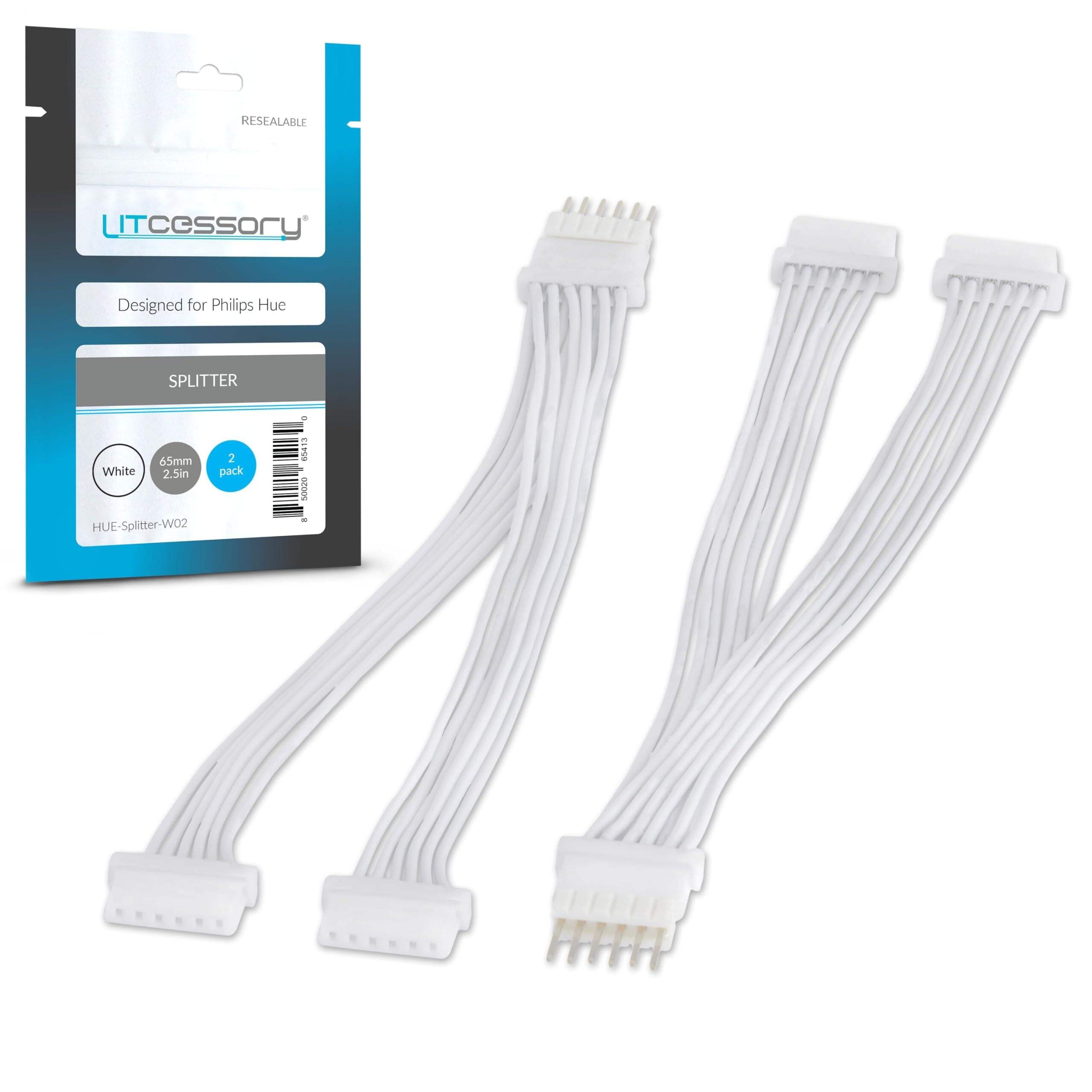 Litcessory Splitter for Philips Hue, Solo Lightstrip (2 Pack, White - MICRO 6-PIN V4 / Solo Lightstrip)