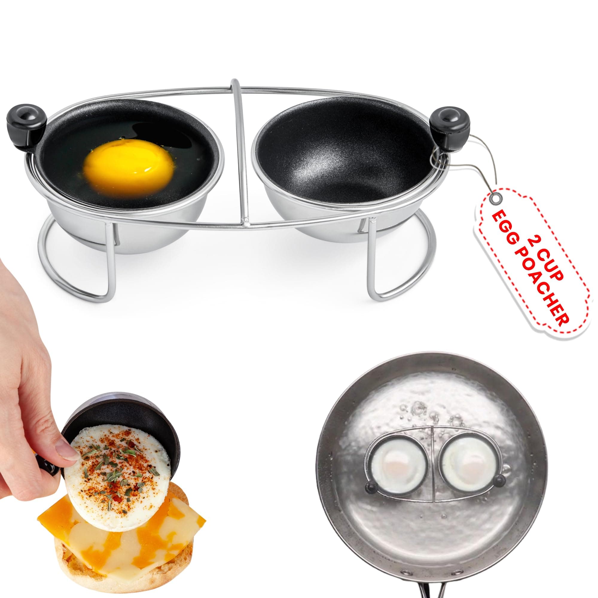 Eggssentials Egg Poacher | Stainless Steel Egg Rack | 2 Poached Egg Maker Cups PFOA Free Nonstick | 6.25 inches Egg Steamer Rack Fits Many sized Pans Skillets and Pressure Cookers …
