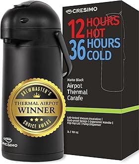 101 Oz Airpot Thermal Coffee Carafe - Black Stainless Steel Coffee Dispenser with Pump - Thermal Beverage Dispenser - Thermos Coffee Carafe for Keeping Hot Coffee & Tea Hot For 12 Hours - Cresimo