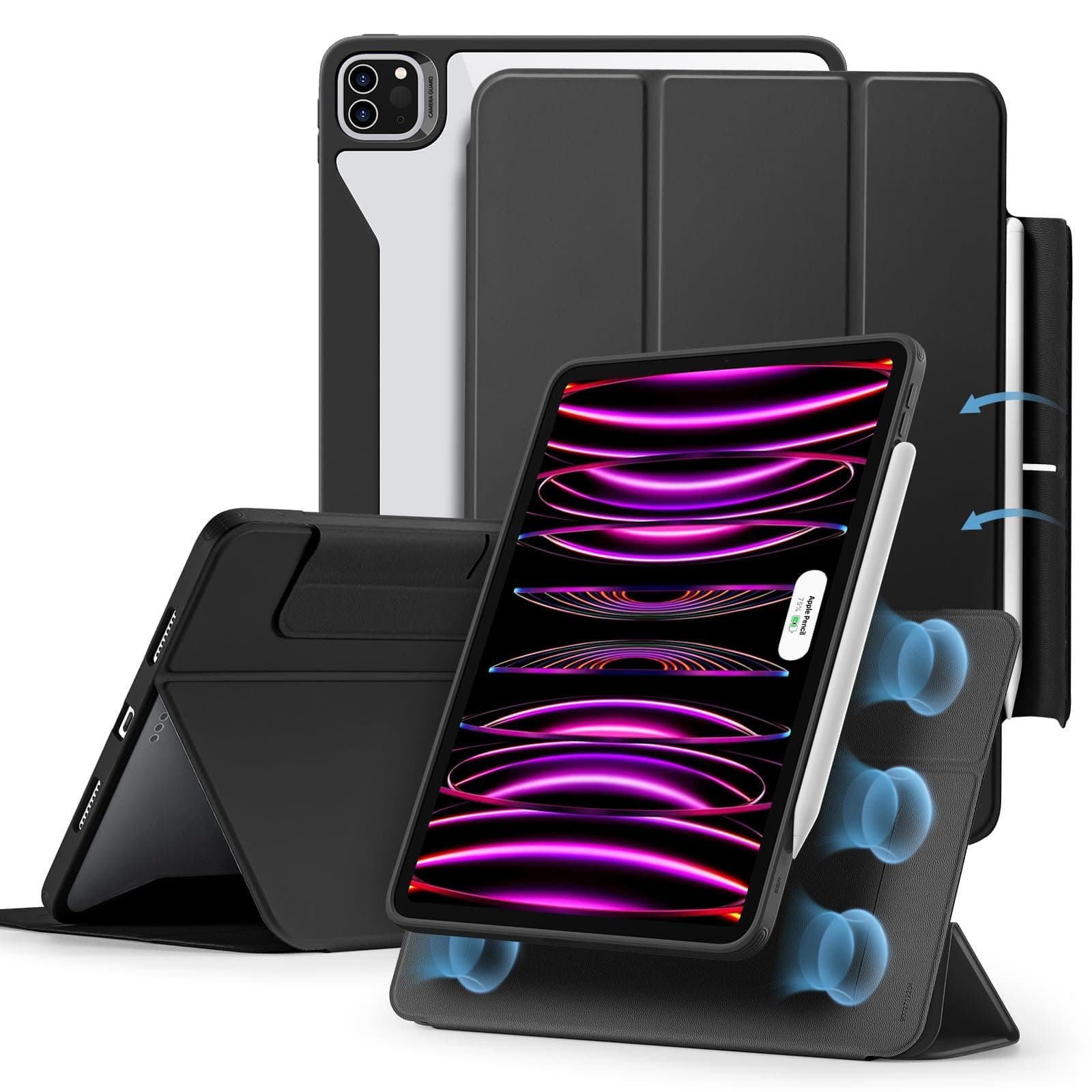 for iPad Pro 12.9 Case, iPad 12.9 Pro Folio Case (2022/2021, 6th/5th Generation) with Pencil Holder, Detachable Magnetic Cover, Vertical Stand, Rebound 360 Series, Black