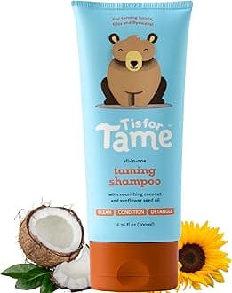 T is for Tame Shampoo - 3-in-1 Gentle Yet Effective Shampoo Cleanses, Conditions and Detangles Hair in One. Suitable for Babies and Children and All Hair Types. With Coconut and Sunflower Oil. 200mL