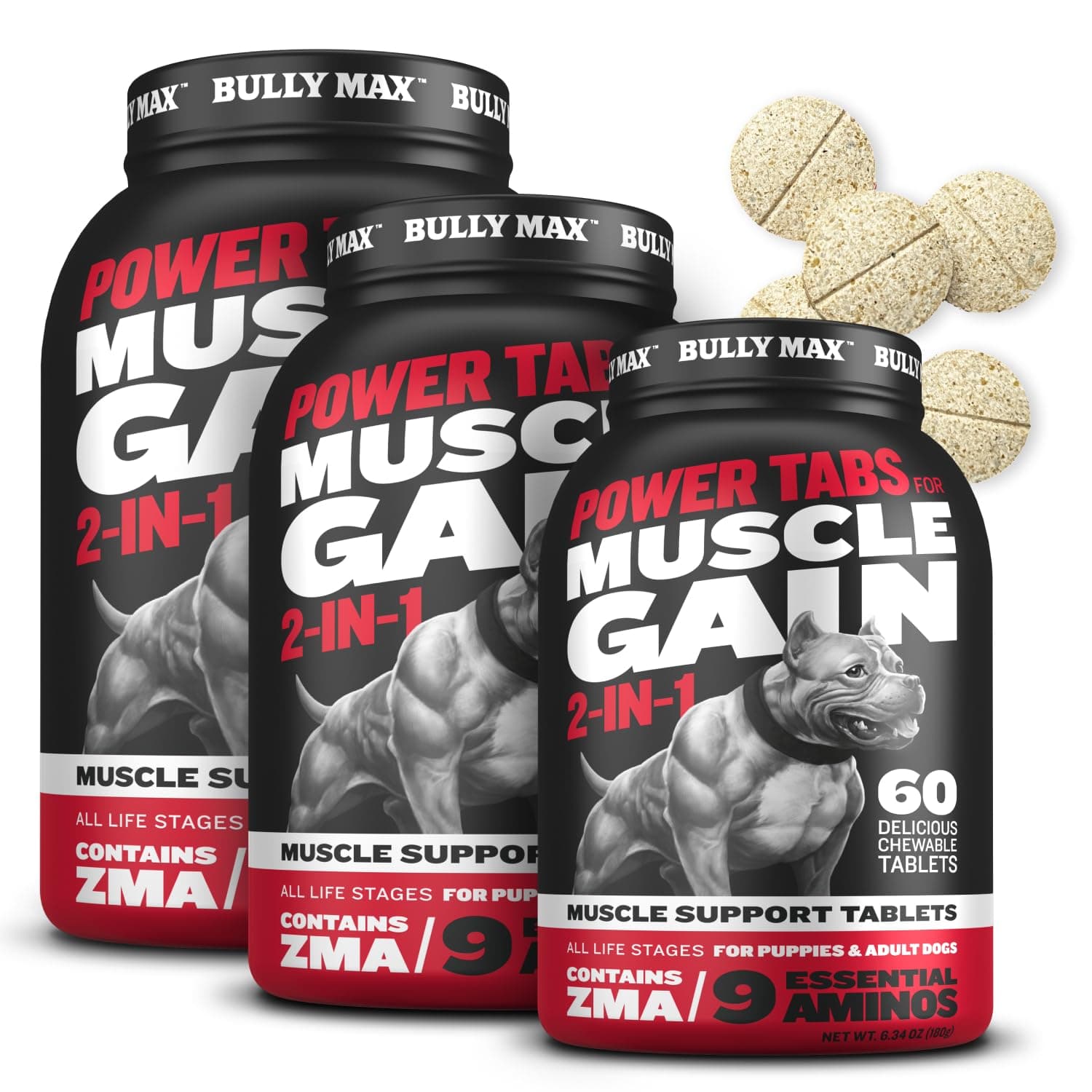 Bully Max 2-in-1 Muscle Builder Chewable Tablets for Dogs - Puppy & Dog Vitamins, Supplements for Muscle Gain & Growth - Canine Multivitamins Essentials for All Breeds & Ages - 60 Tabs, 3 Bottles