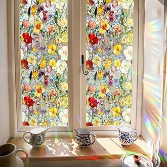 GORGECRAFT Colourful Privacy Film for Windows with Flowers and Rainbow Motif, 3D Stained Glass Cover, Decorative Window Film, Non-Adhesive, Static, Reusable, UV-Resistant Sticker, 100 x 43 cm