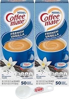 Nestle Coffee mate Liquid Coffee Creamer Singles, French Vanilla, 50 Ct Box (Pack of 2) with By The Cup Coffee Scoop, 37.5 Fl Oz